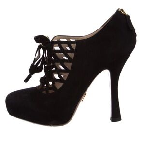 Prada Black Suede Caged Lace-Up Spool Heel Pumps 37